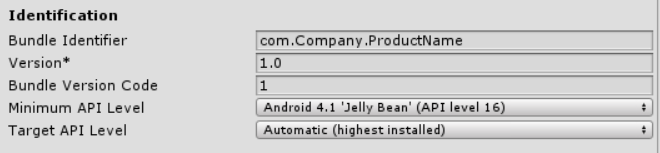 The Identification section of the Android PlayerSettings window