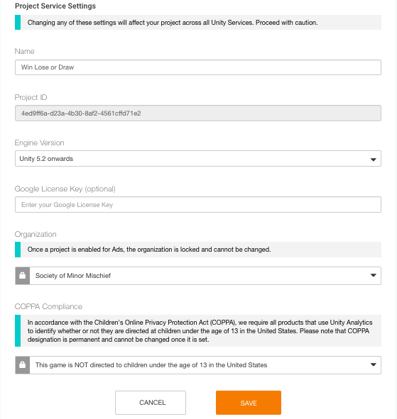 Project Service Settings section of the Analytics Configure page