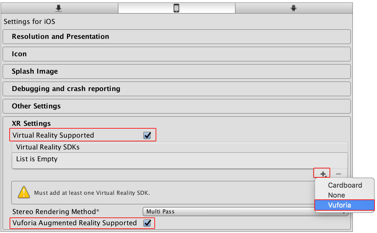 Vuforia Augmented Reality Support and Virtual Reality SDKs list in XR Settings