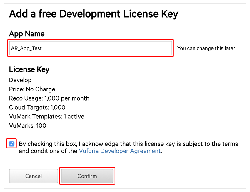 Confirming Vuforia development key details