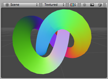 Debug Tangents shader applied to a torus knot model.