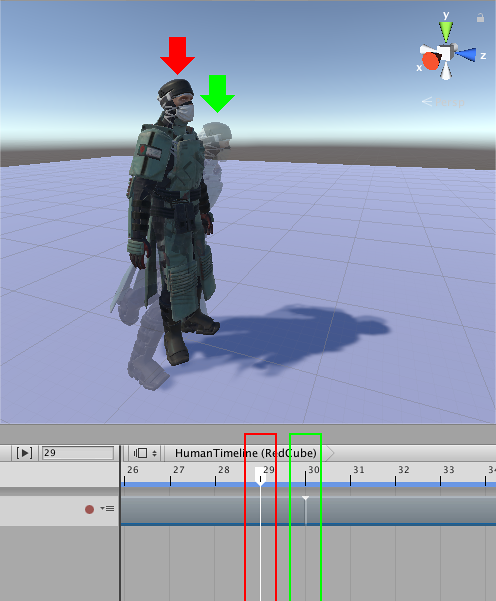 After matching offsets, the humanoid at the end of the first Animation clip (frame 29, red arrow) matches the position and rotation of the humanoid at the start of the second Animation clip (frame 30, ghost with green arrow)