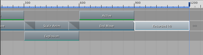 Duplicating the Scale Anim clip places a copy of the Recorded (1) recorded clip at the end of the same track. The copy of the recorded clip is named Recorded (4) based on the number of recorded clips already associated with the Timeline Asset.