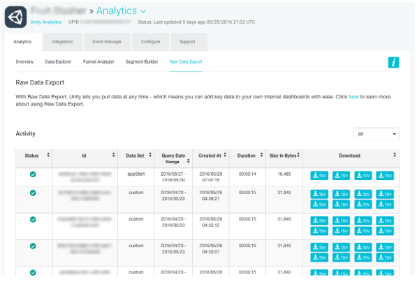 Prior Raw Data Exports in the Unity Analytics Project Dashboard