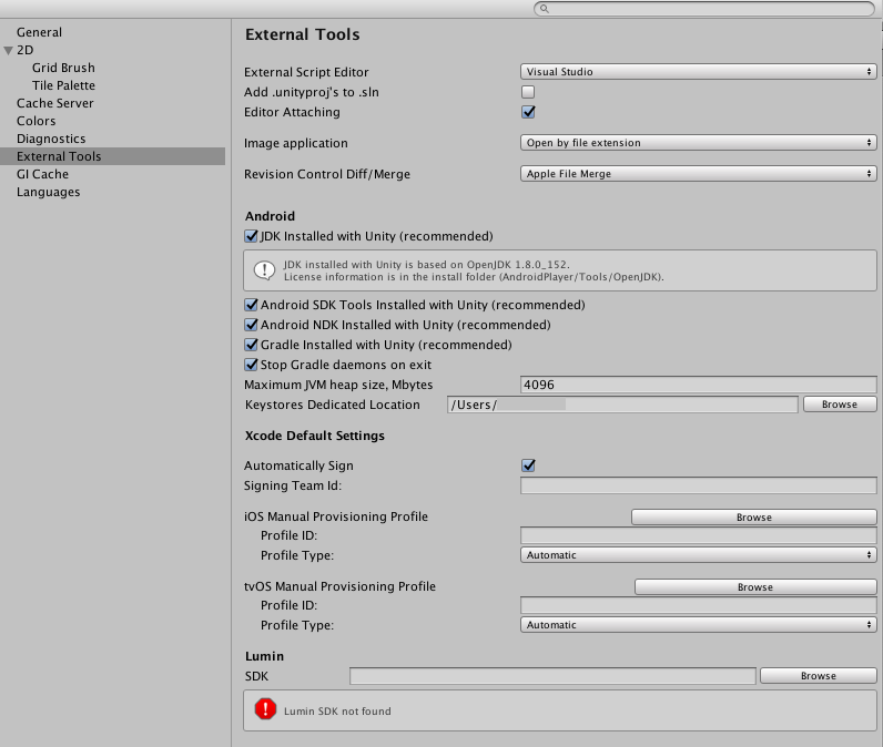 Preferences window showing external tools settings for Android