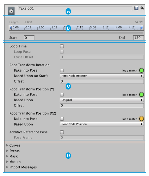 Import options for the selected Animation clip