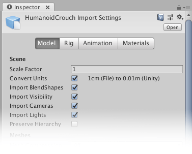 The FBX Model Import Settings window