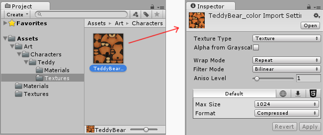 Clicking on an image Asset in the Project Window shows the import settings for that Asset in the Inspector