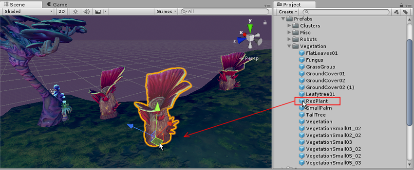 Dragging a Prefab RedPlant into the Scene