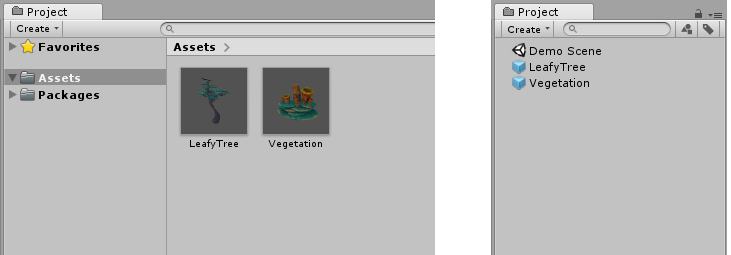 Two prefabs (LeafyTree and “Vegetation”) shown in the Project window in two-column view (left) and one-column view (right)