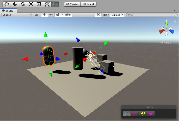 In the above example, the Component Editor Tools panel contains buttons for custom tools that affect either the selected light, the selected capsule, or both. It does not contain buttons for global tools.