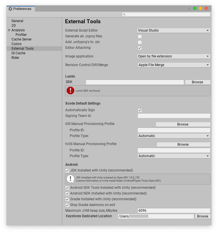 Preferences window showing external tools settings for Android