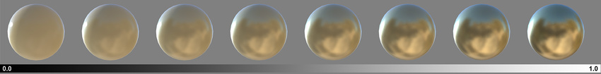 A range of metallic values from 0 to 1 (with smoothness at a constant 0.8 for all samples)