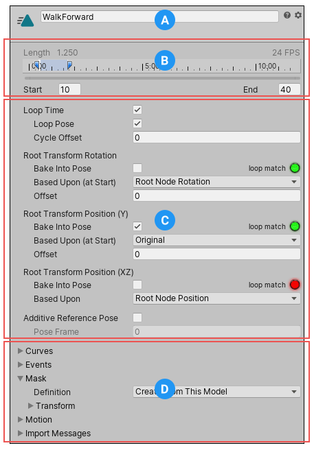 Import options for the selected Animation clip