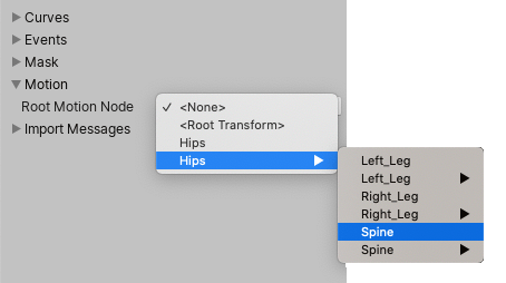 Traversing the hierarchy of objects to select a root motion node