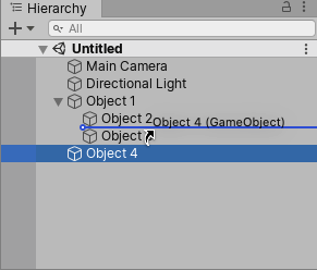 In this image, Object 4 (selected) is being dragged between Object 2 and Object 3 (indicated by the blue horizontal line), to be placed here as a sibling of these two GameObjects under the parent GameObject Object 1 (highlighted in a blue capsule).