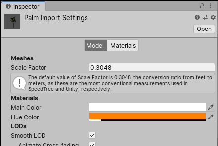 The SpeedTree Import Settings window