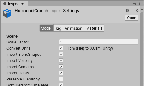 The FBX Model Import Settings window