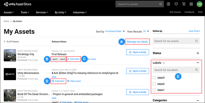 Your list of downloaded or purchased Asset packages appear on the My Assets page