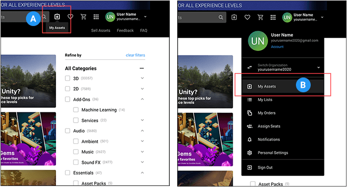 Access My Assets from either the quick link or your profiles drop-down menu