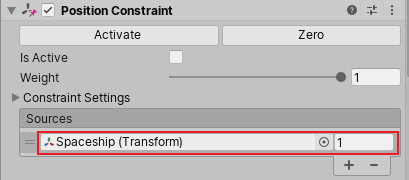 A Position Constraint for a crosshair. The crosshair follows the player’s spaceship (red).