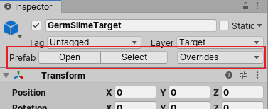 The three Prefab controls in the Inspector window for a Prefab instance