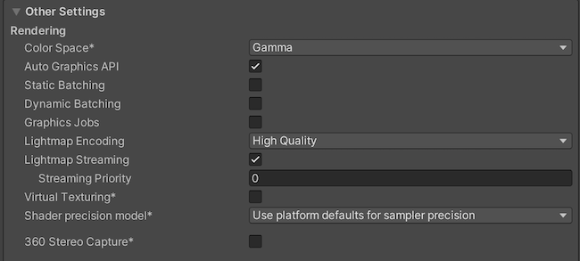 Rendering Player settings for the WebGL platform