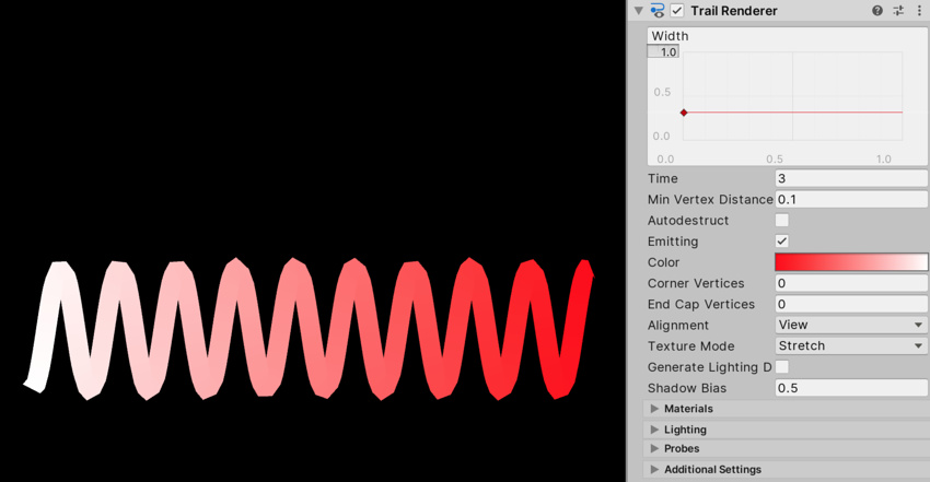 An example Trail Renderer configuration, and the resulting trail.