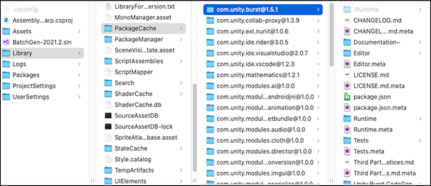 File browser opened to the package folder under the projects package cache