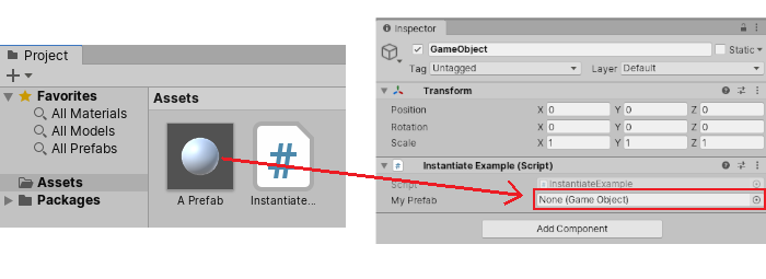 Dragging a Prefab from the Project window into a GameObject field in the Inspector window