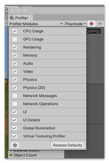 The Profiler module dropdown