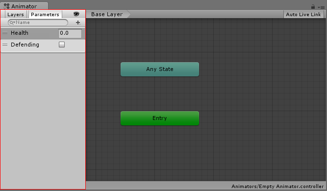 The Parameters view, with two example parameters created.