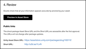 The Review section displays a button to preview your package draft on the Asset Store