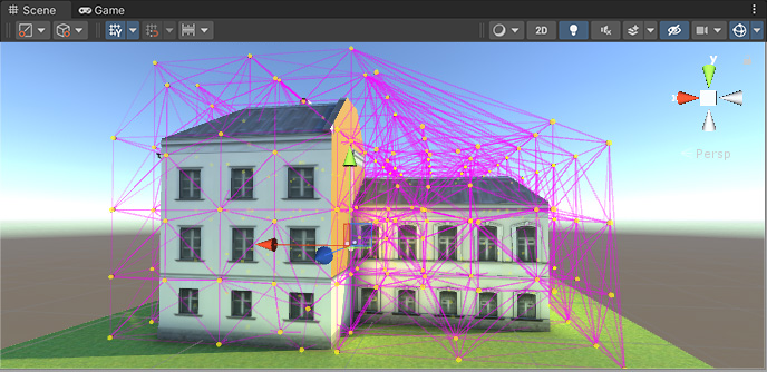 Light probes placed around an LOD model.