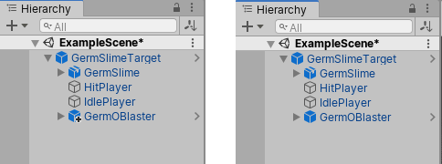 Left: An GermOBlaster Prefab added to an instance of the “GermSlimeTarget” Prefab as an override. Right: The “GermOBlaster” Prefab has been applied to “GermSlimeTarget” Prefab, and is now a nested Prefab in the “GermSlimeTarget” Prefab Asset.