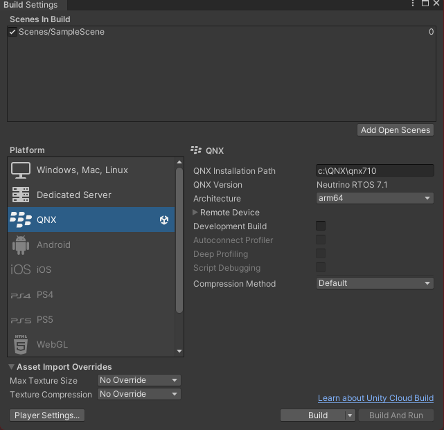 QNX Build Settings window