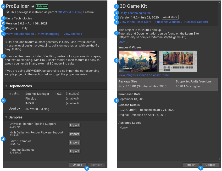 Package details for a Unity Package Manager (UPM) package (left) and an asset package (right)