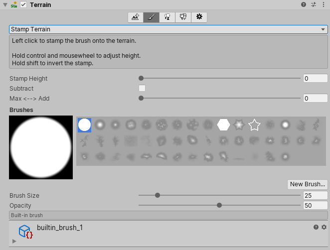 Stamp Terrain tool in the Terrain Inspector