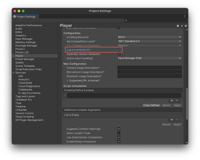 To enable incremental garbage collection, open the Player Settings and enable Use incremental GC. This is enabled by default.