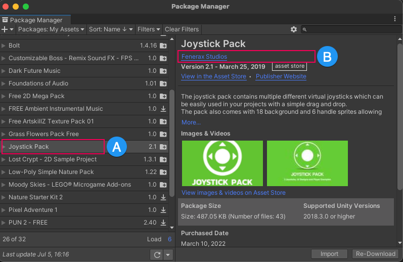 The My Assets context shows the package name (A) and the publisher name (B)