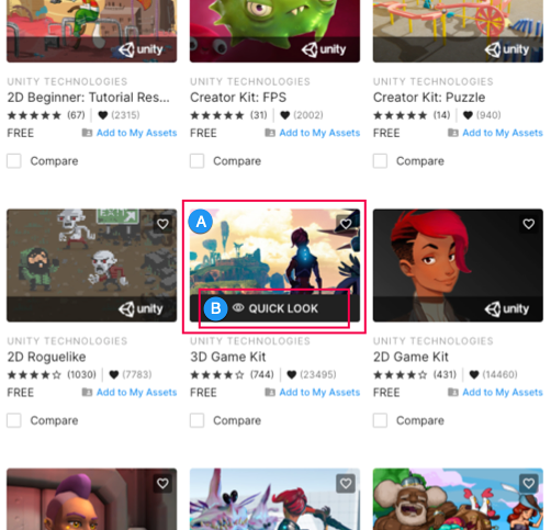 Hover over Asset Store package thumbnails (A) to see the Quick Look link (B)