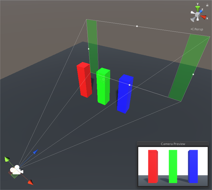 Gate Fit set to Vertical: Resolution gate aspect ratio is 16:9. Film gate aspect ratio is 1.37:1 (16mm). The green areas indicate where Unity overscans the image in the Game view.