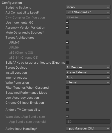 Configuration settings for the Android platform