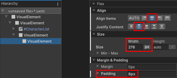 Properties of the character details container