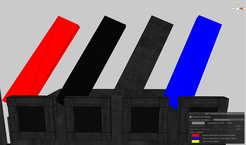 The same Scene with the Material Validator enabled and set to Validate Albedo. The texture that is below the minimum luminance value is red. The texture that is above the minimum luminance value is blue