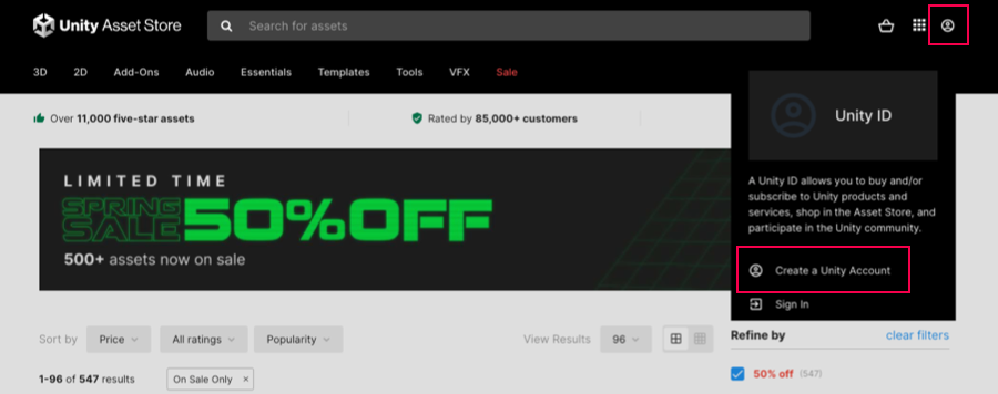 If you select Sign In, the Unity ID login appears with another link to Create a Unity Account.