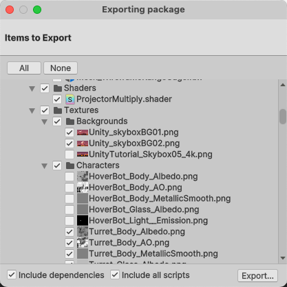 Exporting package dialog