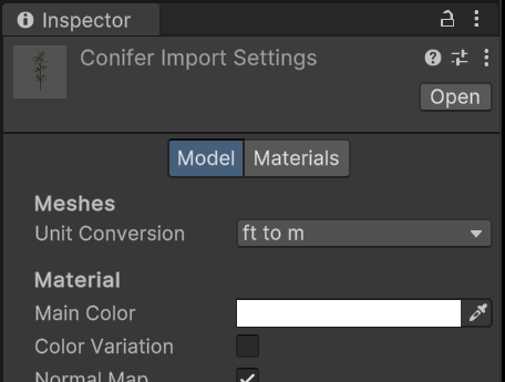 The SpeedTree Import Settings window