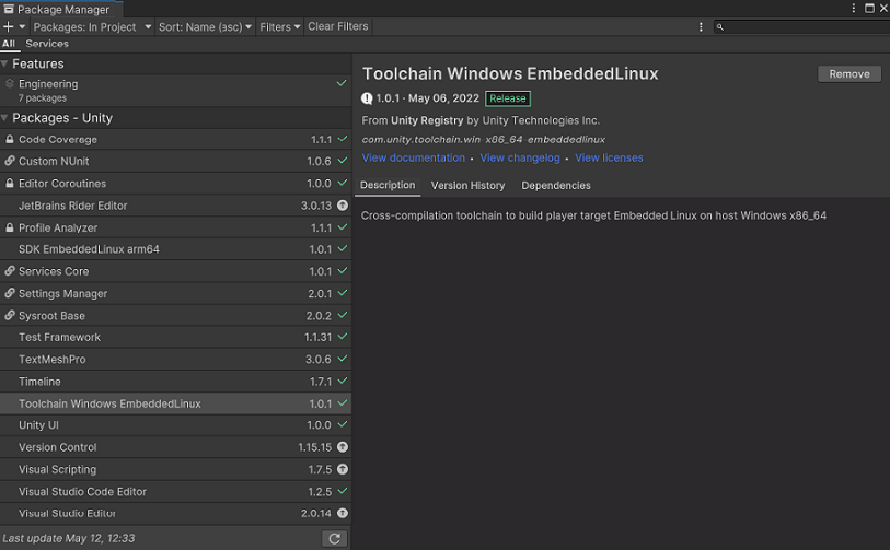 Package Manager window with Embedded Linux toolchain package