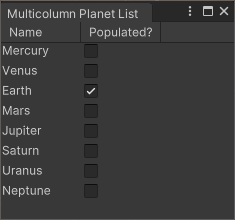 A list in a Unity Editor window with two columns, one for planets, and one with a checkbox indicating if the planet is populated.